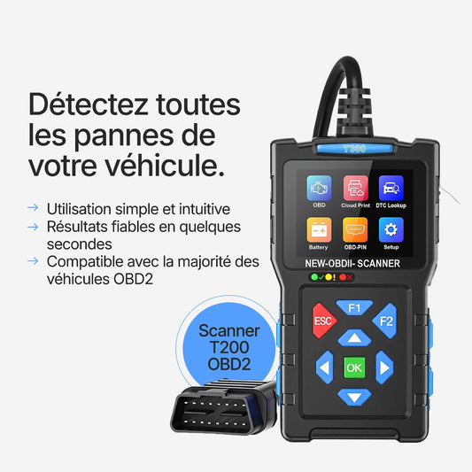 OBD2 Scanner T200 – Diagnostic moteur & test de batterie